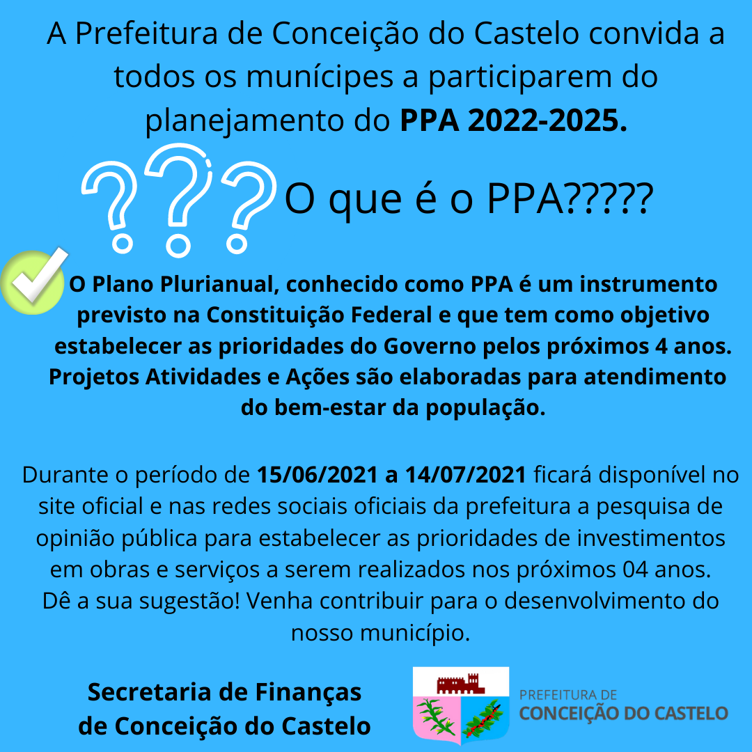 Dê a sua sugestão! Venha contribuir para o desenvolvimento do nosso município. PPA 2022-2025.