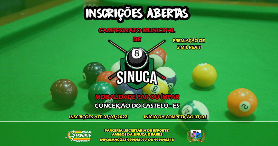 Torneio de Sinuca na Arena com R$ 2.500 em premiação - Avelar Esportes