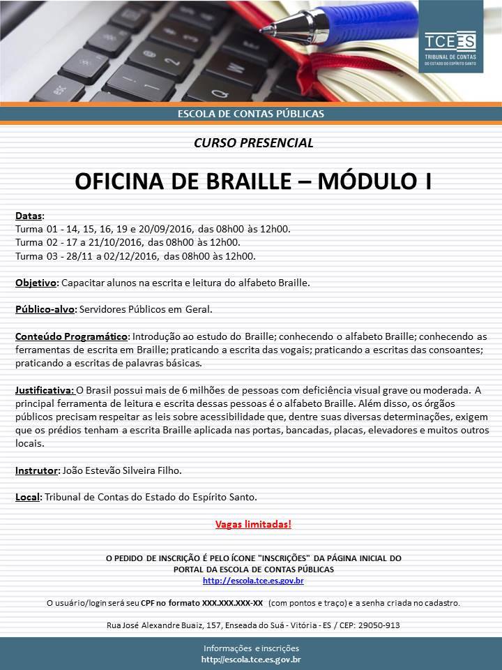 OPORTUNIDADES: Escola de Contas Públicas do TCE-ES oferece curso gratuito de Braille para servidores públicos em geral