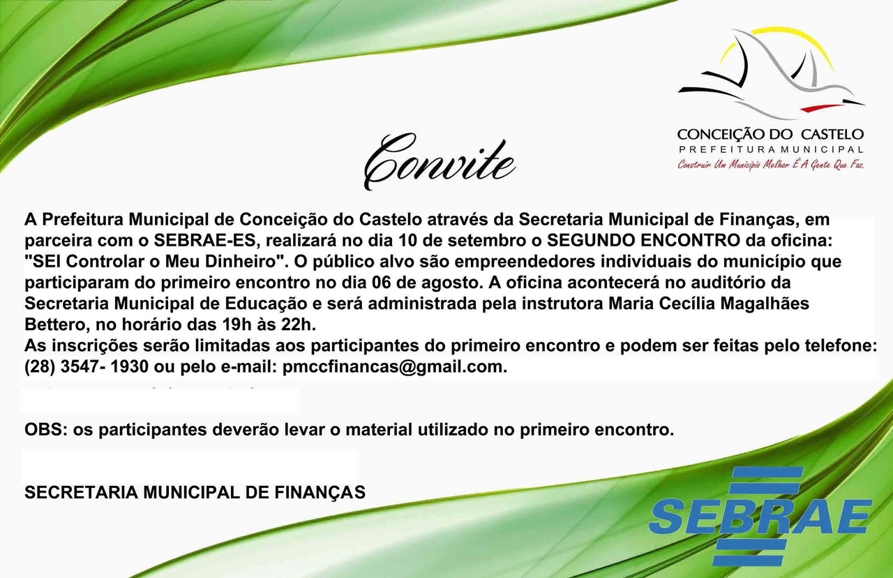 SEBRAE-ES e Prefeitura Municipal realiza o 2º Encontro da oficina: SEI Controlar o Meu Dinheiro no dia 10 de setembro