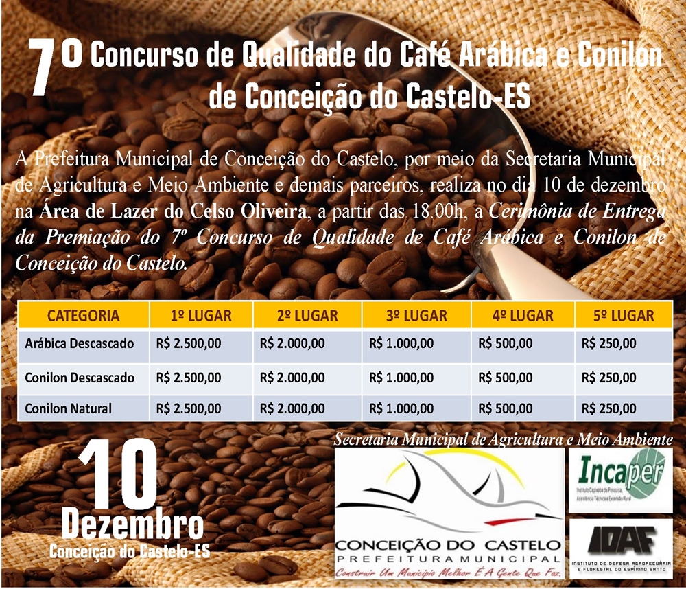 Premiação do 7º Concurso de Qualidade do Café Arábica e Conilon de Conceição do Castelo acontece nesta quinta-feira, 10