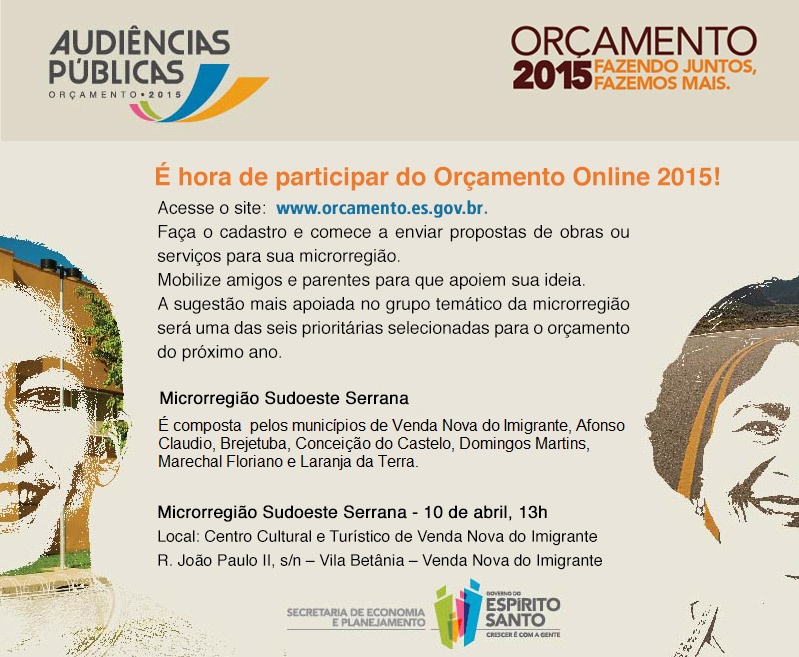 Equipe Orçamento 2015 realiza Audiência Pública para a microrregião Sudoeste Serrana no dia 10 de abril