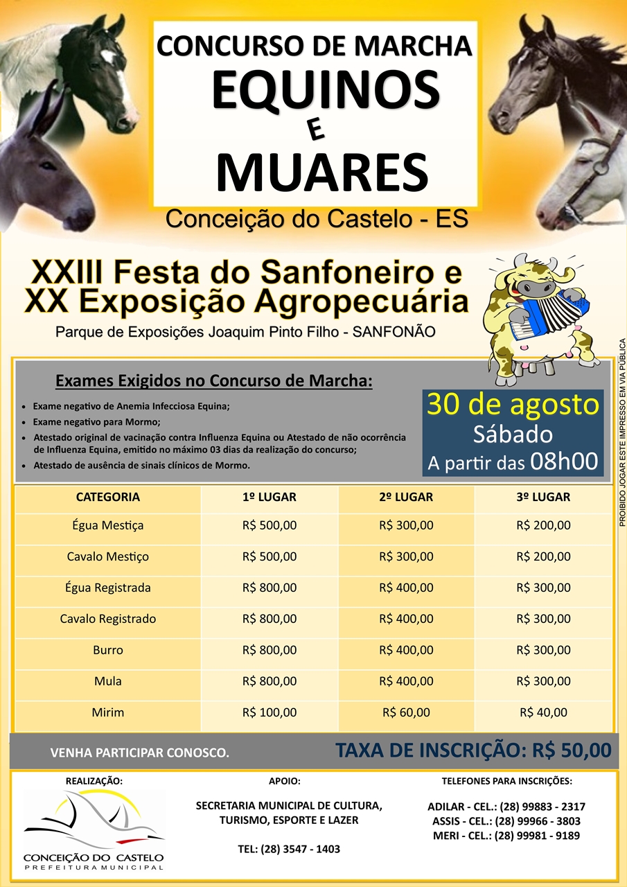 Estão abertas as inscrições para o Concurso de Marcha Equinos e Muares da 23ª Festa do Sanfoneiro de 2014
