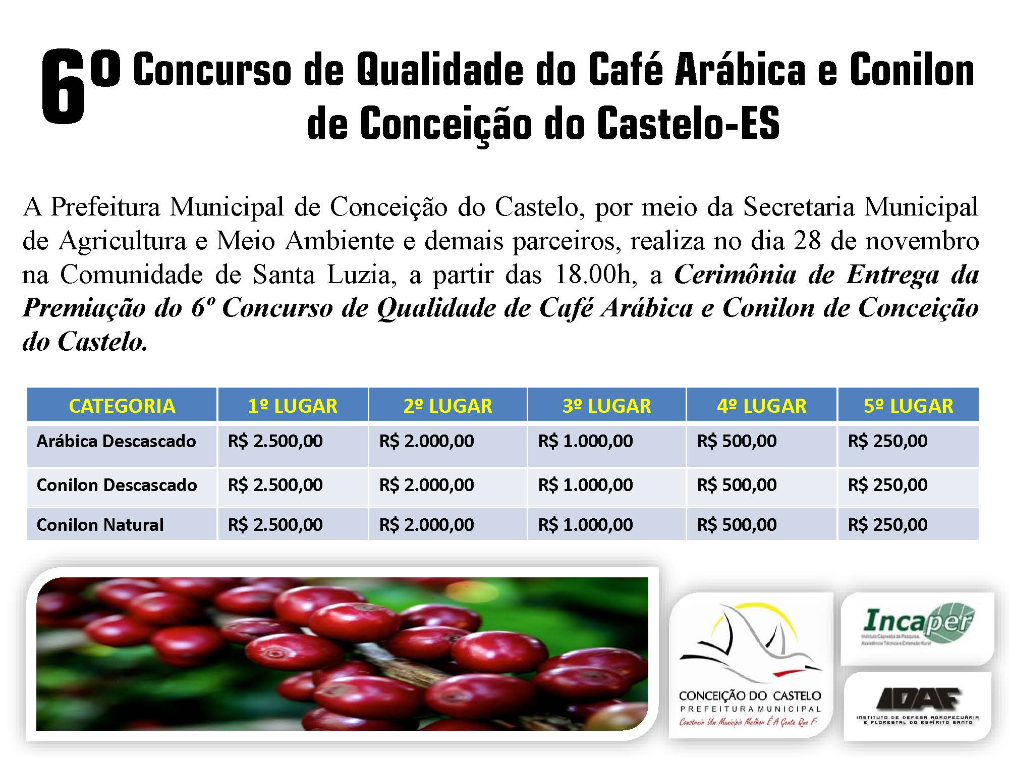 6º Concurso de Qualidade do Café Arábica e Conilon de Conceição do Castelo no dia 28 de novembro