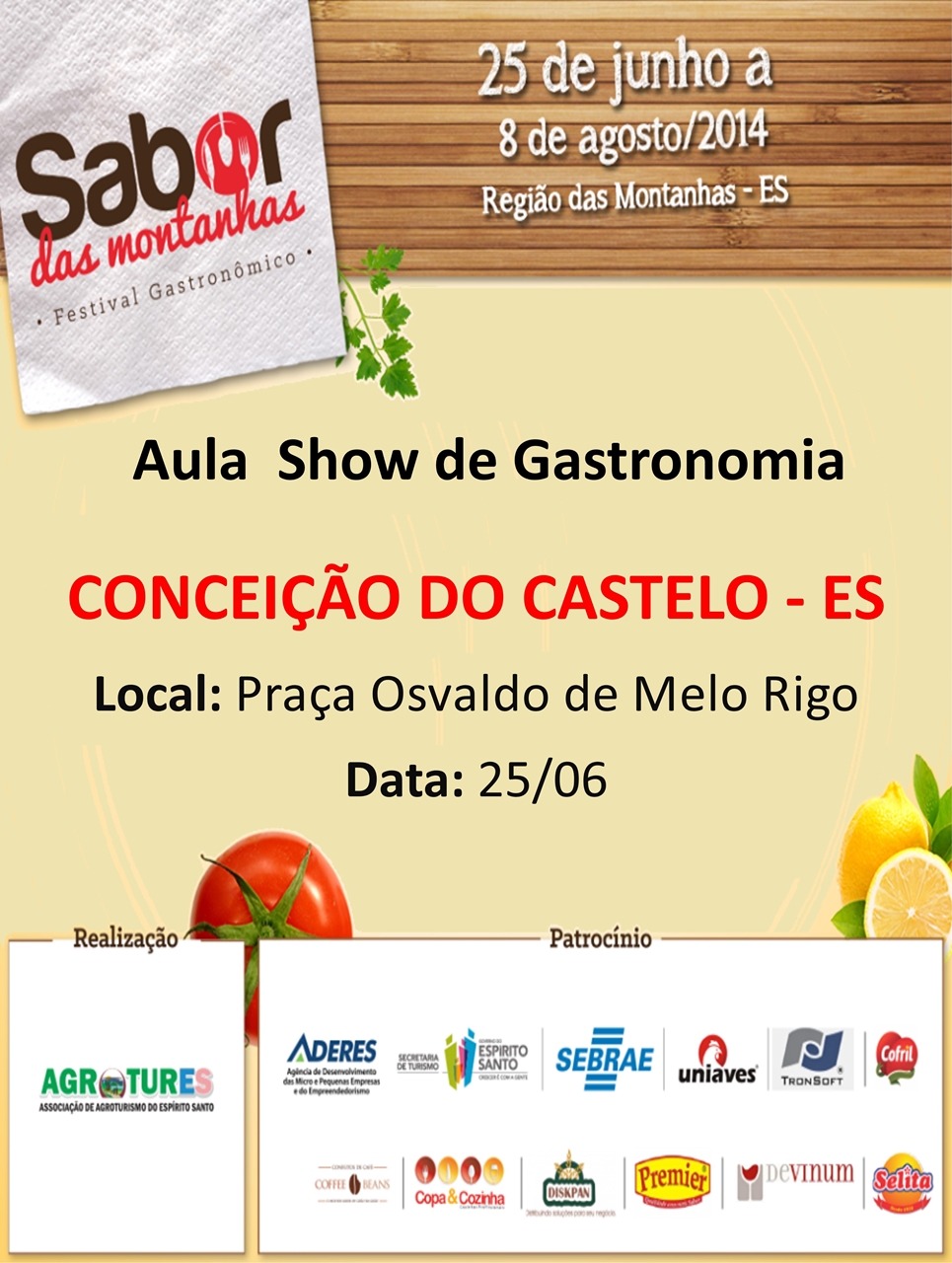 Município de Conceição do Castelo recebe aula show de gastronomia no dia 25 de junho
