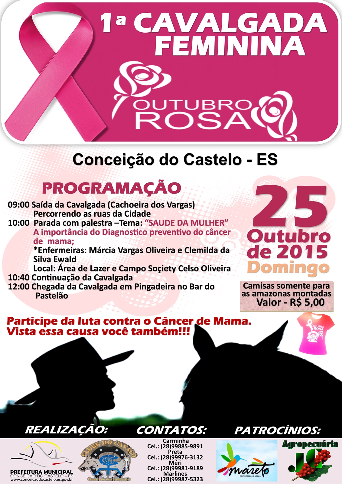 Conceição do Castelo promove 1ª Cavalgada Feminina Outubro Rosa no dia 25 de outubro