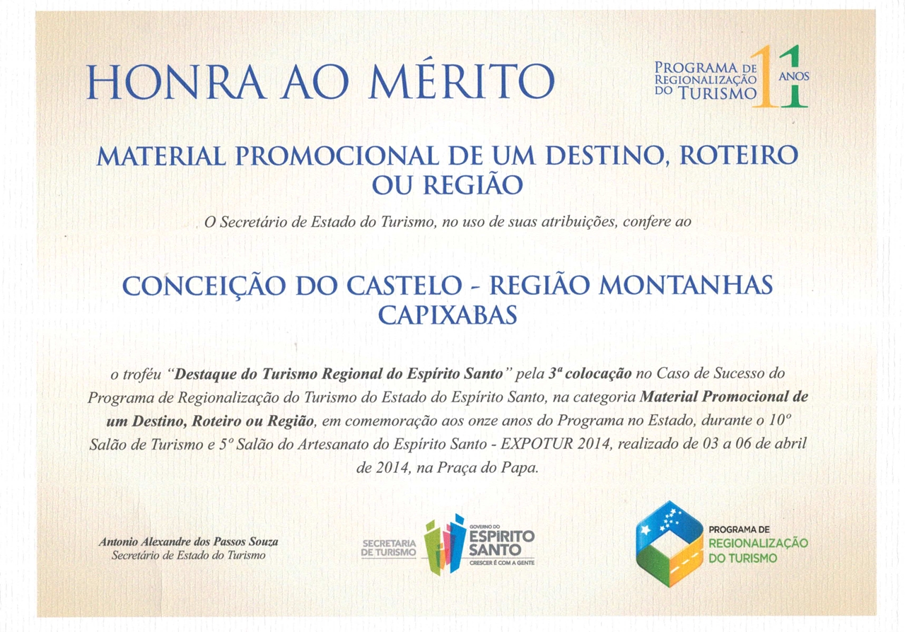 Circuito Turístico “Caminhos do Imperador” de Conceição do Castelo é premiado na EXPOTUR 2014