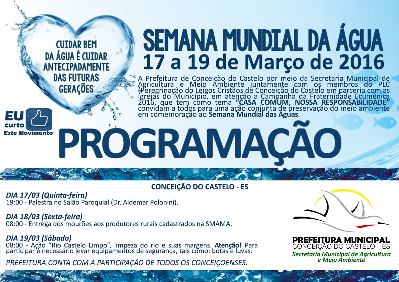 Conceição do Castelo vai realizar a Semana Mundial das Águas nos dias 17 a 19 de março